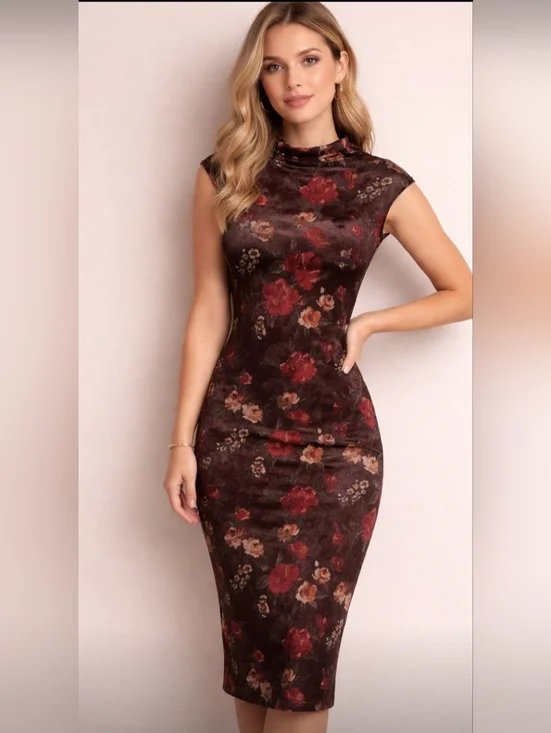 Maurices Black Red Floral Velvet Bodycon Midi Dress Medium - Picture 1 of 5